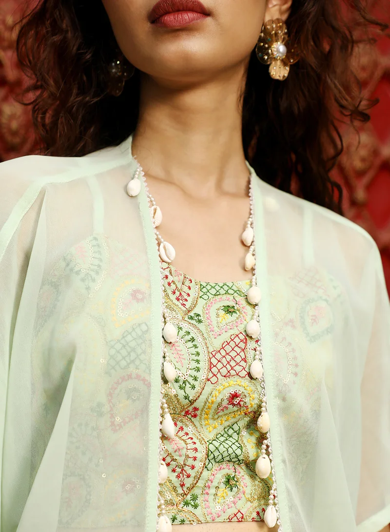 QISSA Women's Sage Green Paisley Flared Co-Ord Set