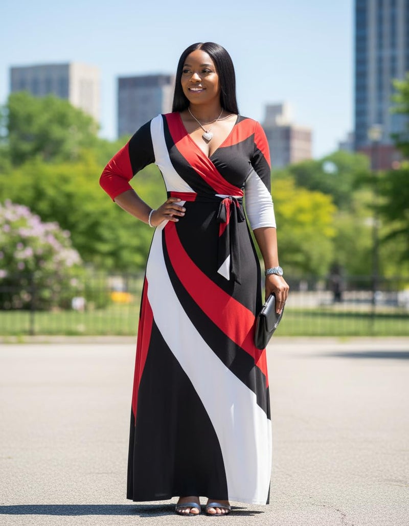 FANDEE Plus Size Maxi Dress for Women Casual Summer Sundress V-Neck 3/4 Sleeve(002-red & Black Stripes,XX-Large) - Image 4