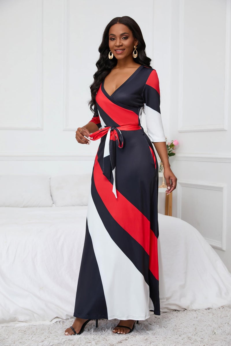 FANDEE Plus Size Maxi Dress for Women Casual Summer Sundress V-Neck 3/4 Sleeve(002-red & Black Stripes,XX-Large) - Image 2