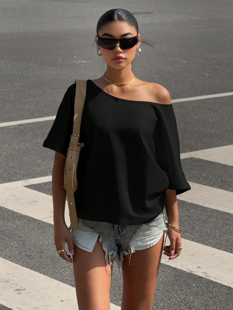 SXV STYLE Women's Off-Shoulder T-Shirt, Short Sleeve, Casual Loose Fit, Black (in, Alpha, S, Black) - Image 5