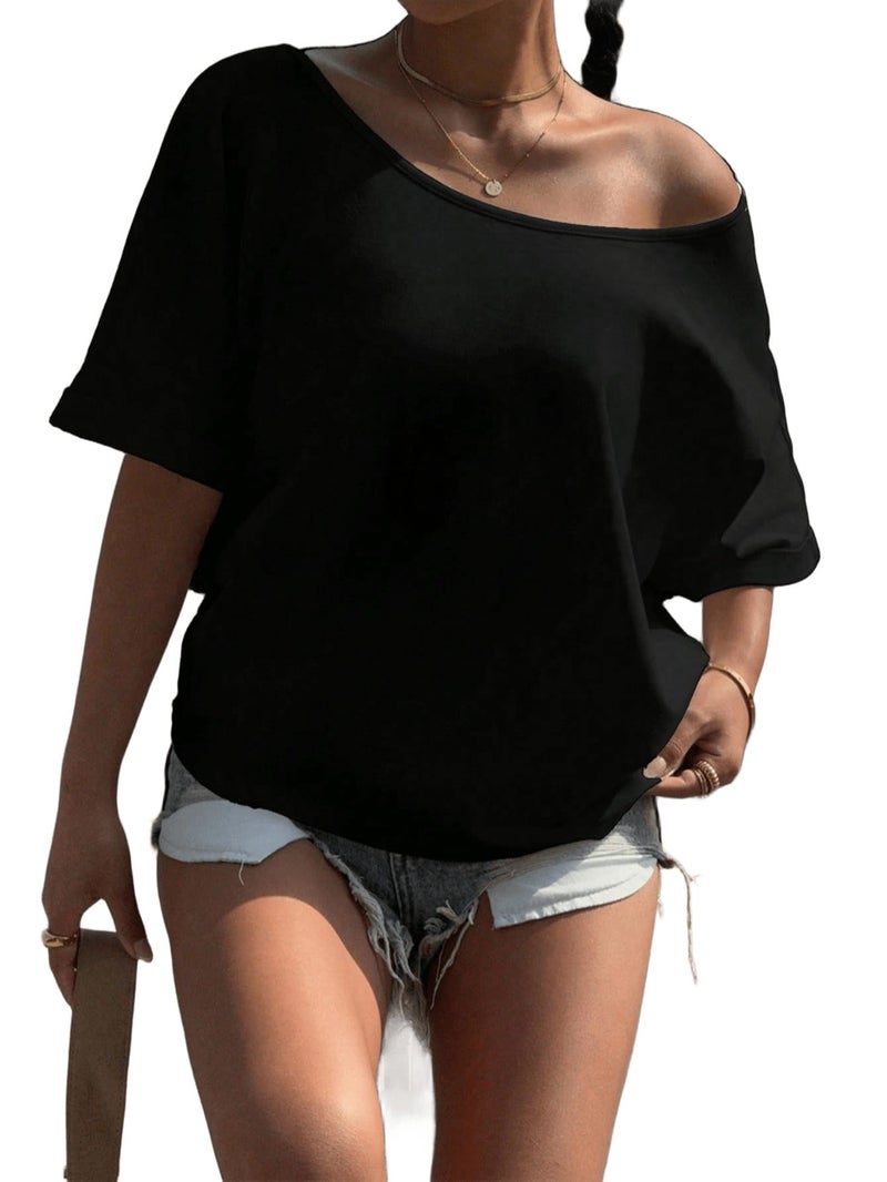 SXV STYLE Women's Off-Shoulder T-Shirt, Short Sleeve, Casual Loose Fit, Black (in, Alpha, S, Black) - Image 1