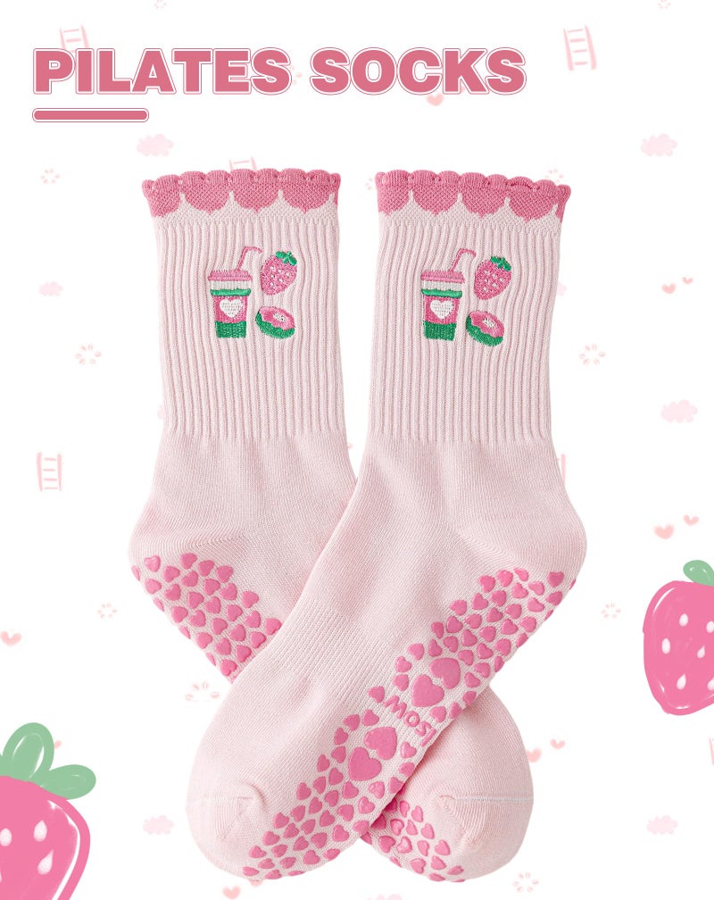 Yawlsow Cute Pilates Grip Socks (US, Alpha, One Size, Regular, Regular, 1 Pack-Strawberry) - Image 4