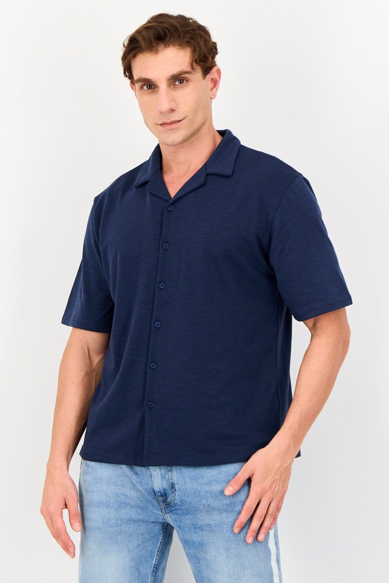 Core Elements Men Regular Fit Chambray Short Sleeve Casual Shirt, Navy Blue - Image 1