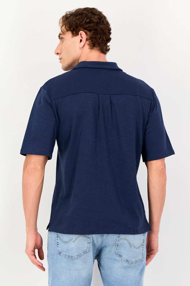 Core Elements Men Regular Fit Chambray Short Sleeve Casual Shirt, Navy Blue - Image 3