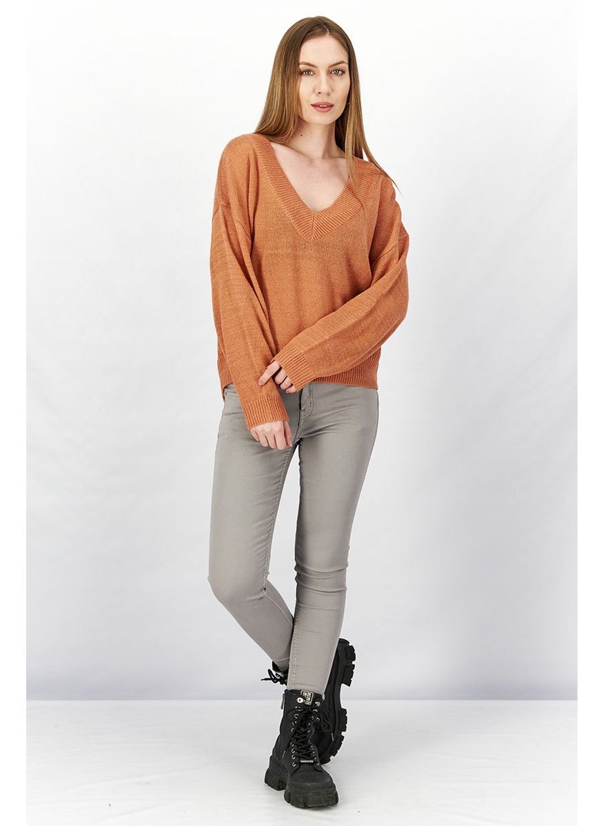 M Lounge Women V-neck Long Sleeve Textured Sweater, Dark Peach  - Image 3