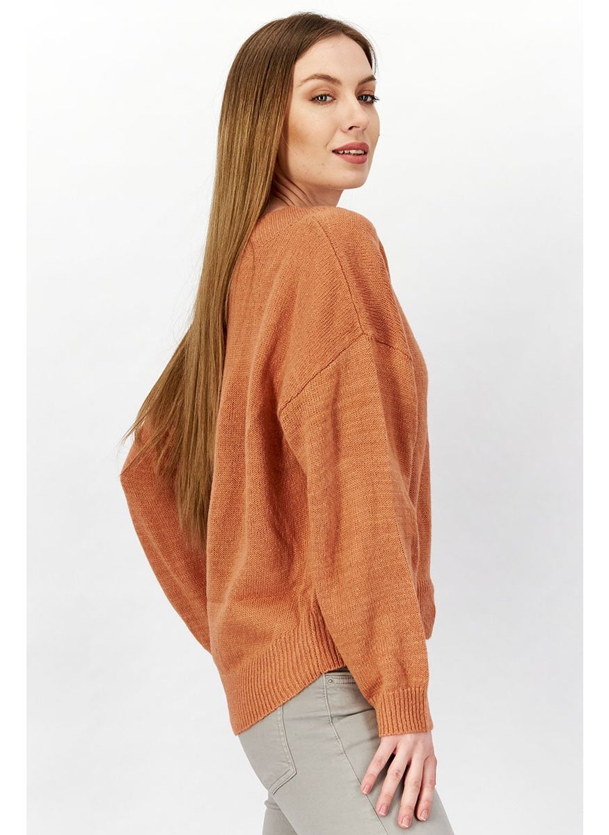 M Lounge Women V-neck Long Sleeve Textured Sweater, Dark Peach  - Image 4