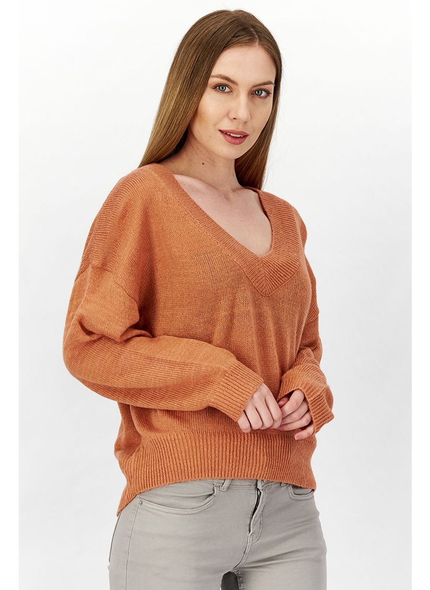 M Lounge Women V-neck Long Sleeve Textured Sweater, Dark Peach  - Image 1