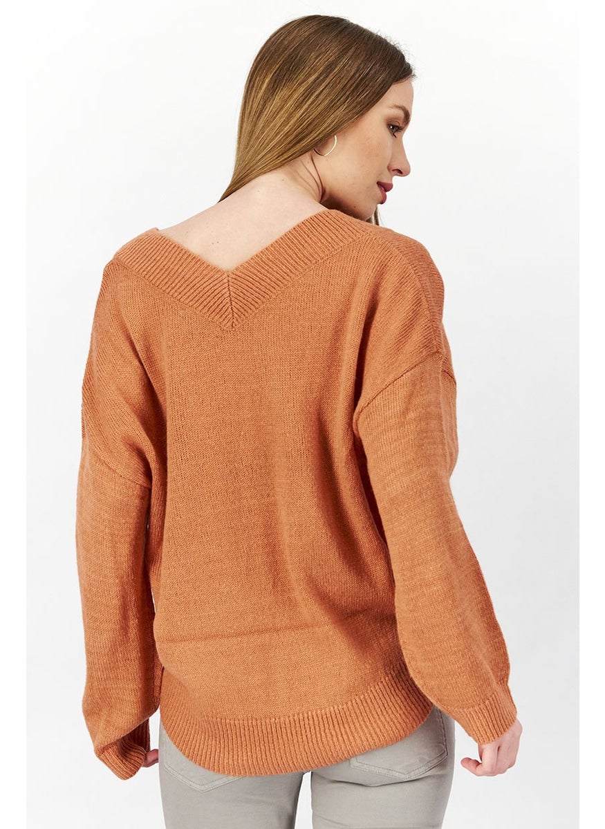 M Lounge Women V-neck Long Sleeve Textured Sweater, Dark Peach  - Image 2