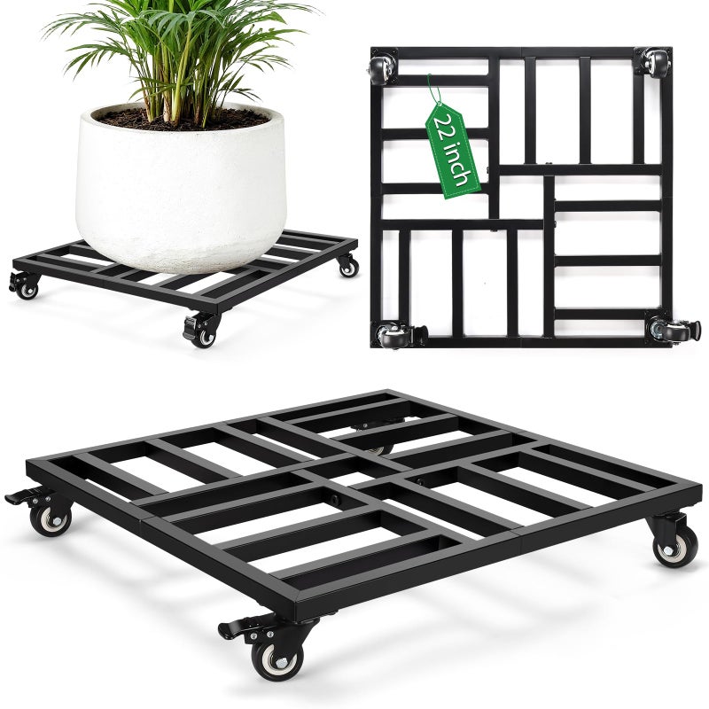 AugFir 22" Plant Caddy with Wheels Heavy Duty, 600lbs Rolling Metal Plant Stand, Square Plant Dolly with Lockable Caster Wheels for Large Planter Pots, Heavy Objects, Ideal for Indoor and Outdoor Use - Image 1