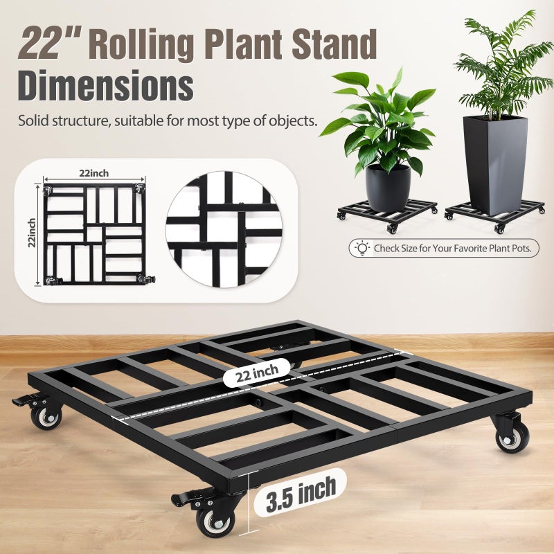 AugFir 22" Plant Caddy with Wheels Heavy Duty, 600lbs Rolling Metal Plant Stand, Square Plant Dolly with Lockable Caster Wheels for Large Planter Pots, Heavy Objects, Ideal for Indoor and Outdoor Use - Image 5