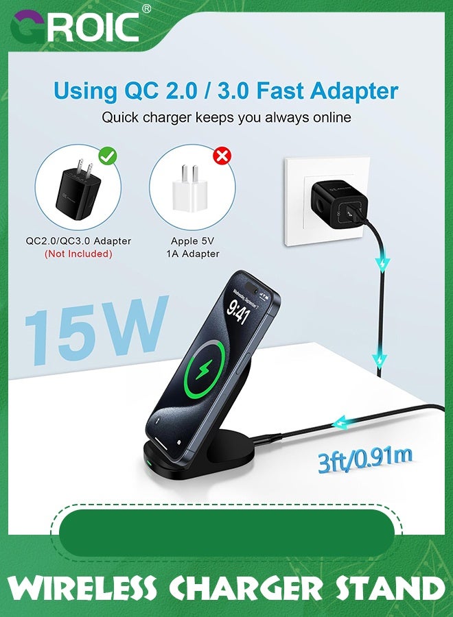 GROIC Wireless Charging Station, 15W Fast Wireless Charging Stand for Samsung Galaxy S24 Ultra/S23 FE/S23/S22/Note20, Android Phone Wireless Charger Pad for iPhone 15/14/13/12,Pixel 8a/8 Pro/7a/7 Pro  - Image 5