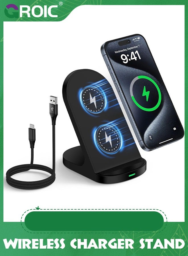 GROIC Wireless Charging Station, 15W Fast Wireless Charging Stand for Samsung Galaxy S24 Ultra/S23 FE/S23/S22/Note20, Android Phone Wireless Charger Pad for iPhone 15/14/13/12,Pixel 8a/8 Pro/7a/7 Pro  - Image 1