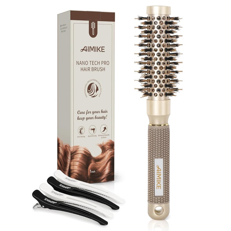 AIMIKE Round Hair Brush 1 inch Barrel with Boar Bristles Nano Thermal Ceramic  Ionic Tech for Blow Drying Styling Curling and Shine  4 Clips Gold Unisex Fine Hair Short Hair AntiFrizz