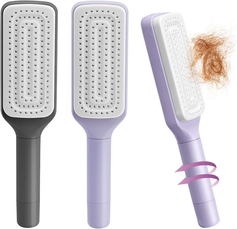 Tazweeq 2 Pcs Women Self Cleaning Hair Brush, 4 In 1 self-Cleaning Anti-Static Massage Comb, Anti-static brush for Effortless Hair Removal and Cleaning, Self-Cleaning Anti-Static Massage - Image 1