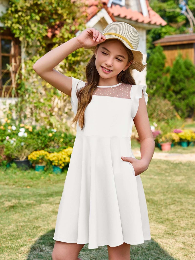 Haloumoning Girls Dress Summer Ruffle Sleeve Mesh A Line Casual Party Dresses with Pockets for Kids 4-14 Years White - Image 3