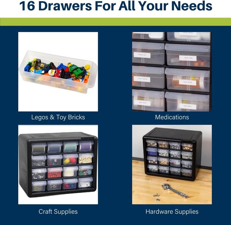 AkroMils 16-Drawer Plastic Cabinet for Garage Organization, Beads, Makeup Organizer, Building Bricks Storage, Teacher Toolbox, 10-1/2" W x 6-1/2" D x 8-1/2" H, 10716 Black (Pack of 4) - Image 5