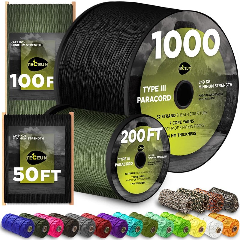 TECEUM Paracord Type III 550 Black –100 ft – 4mm – Tactical Rope MIL-SPEC – Outdoor para Cord –Camping Hiking Fishing Gear and Equipment EDC Parachute Cord Strong Survival Utility Rope 016 - Image 1