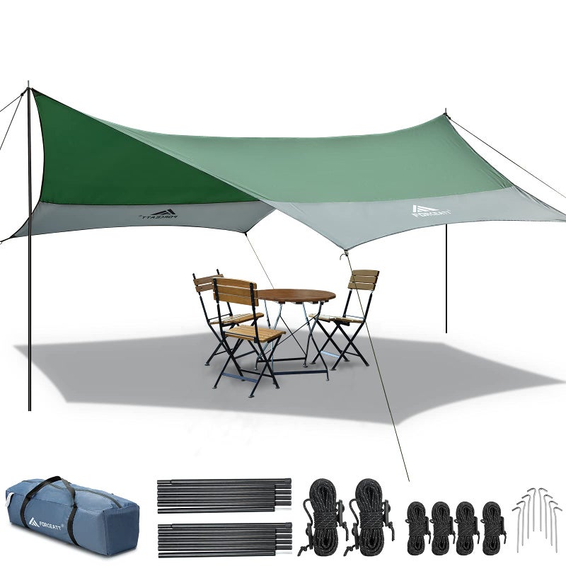 Forceatt 12x14FT Waterproof Camping Tarp with 2 Poles Sun Shelter for Car Tent Hammock in Camping Hiking Backpacking Garden and Traveling