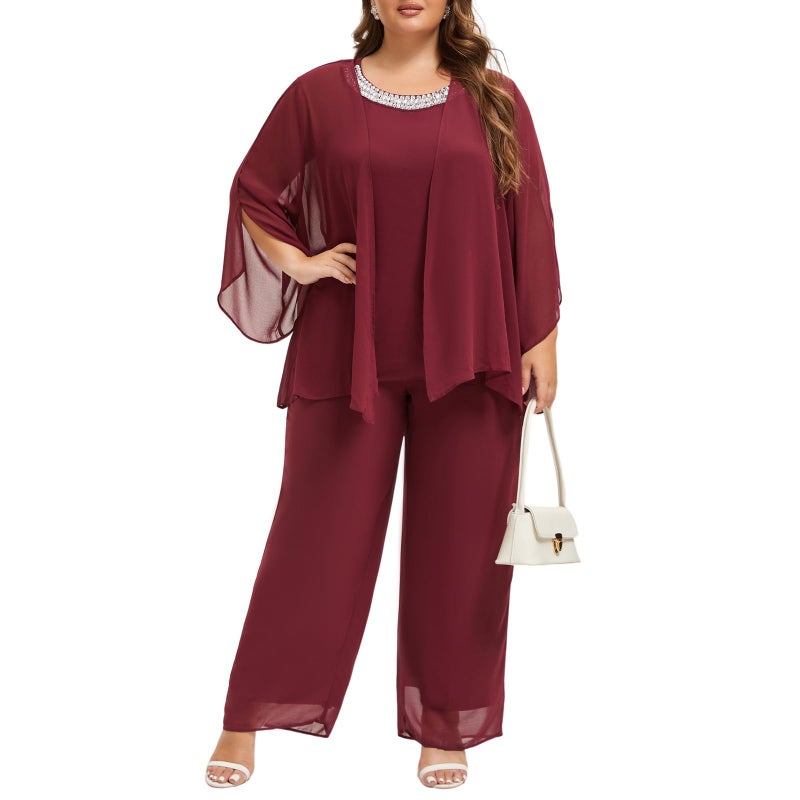 WTJIAPAI Plus Size Mother of Bride Pant Suits 3 Piece Chiffon Sets Hand Sewn Diamonds Wedding Guest Outfit Red - Image 1