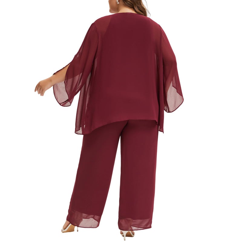 WTJIAPAI Plus Size Mother of Bride Pant Suits 3 Piece Chiffon Sets Hand Sewn Diamonds Wedding Guest Outfit Red - Image 5