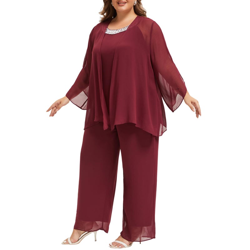 WTJIAPAI Plus Size Mother of Bride Pant Suits 3 Piece Chiffon Sets Hand Sewn Diamonds Wedding Guest Outfit Red - Image 4