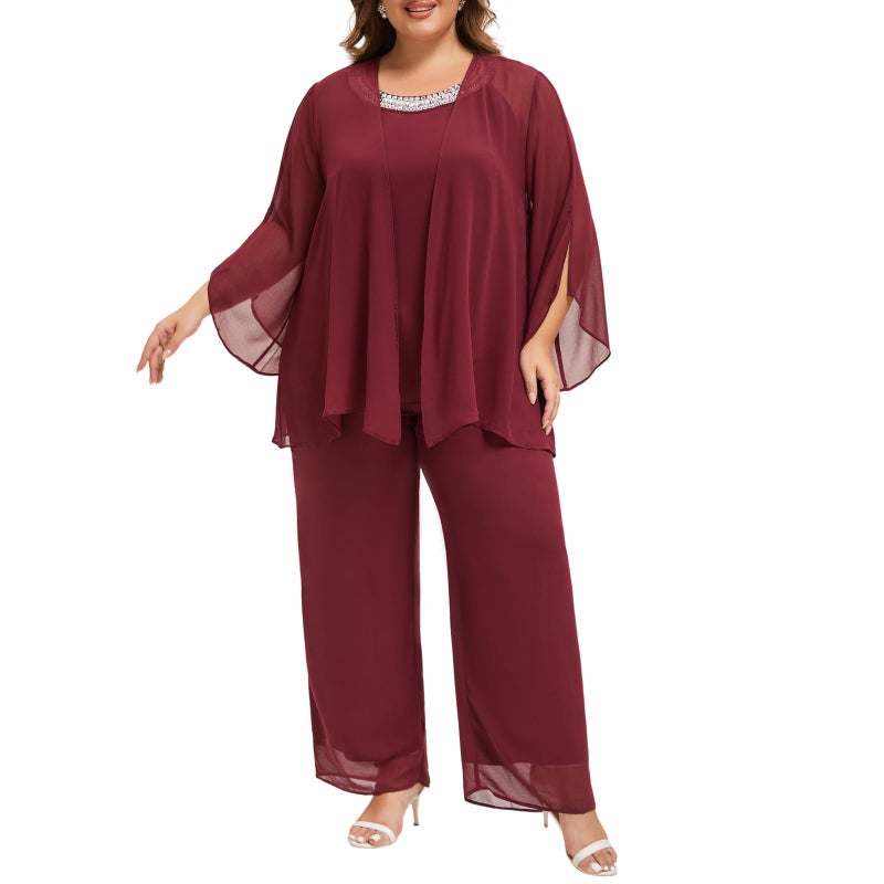 WTJIAPAI Plus Size Mother of Bride Pant Suits 3 Piece Chiffon Sets Hand Sewn Diamonds Wedding Guest Outfit Red - Image 2