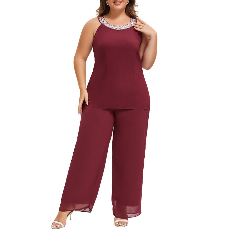 WTJIAPAI Plus Size Mother of Bride Pant Suits 3 Piece Chiffon Sets Hand Sewn Diamonds Wedding Guest Outfit Red - Image 3
