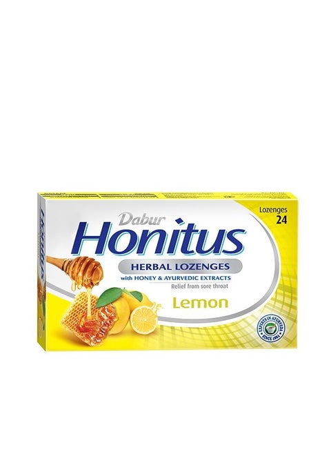 Dabur Honitus Herbal Lozenges | Effective Relief from Cough, Strep Infection & Sore Throat Pain | Lemon Flavor - 24s