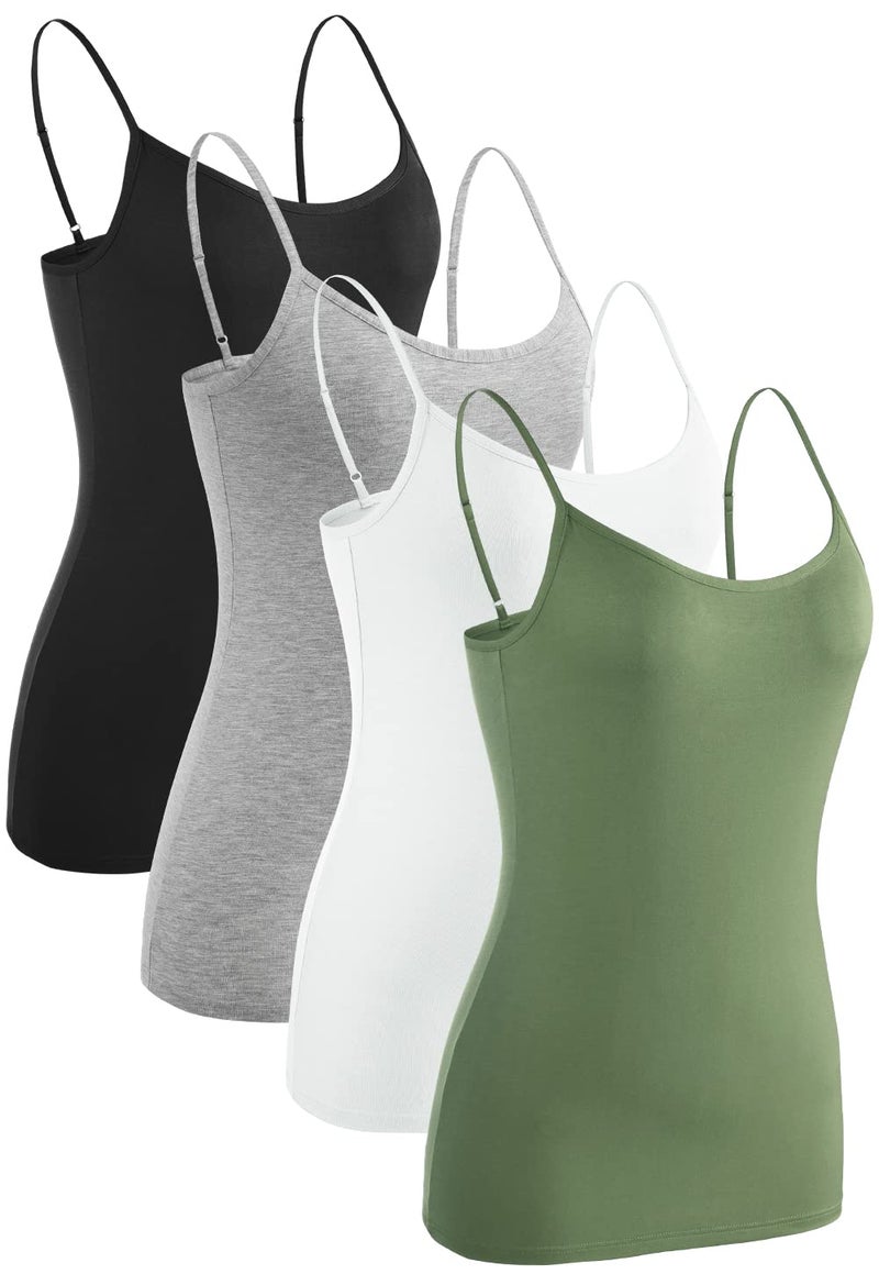 Rosyline 4 Piece Women Camisole Basic Undershirt Adjustable Spaghetti Strap Tank Top Black/Grey/White/Army Green S - Image 1