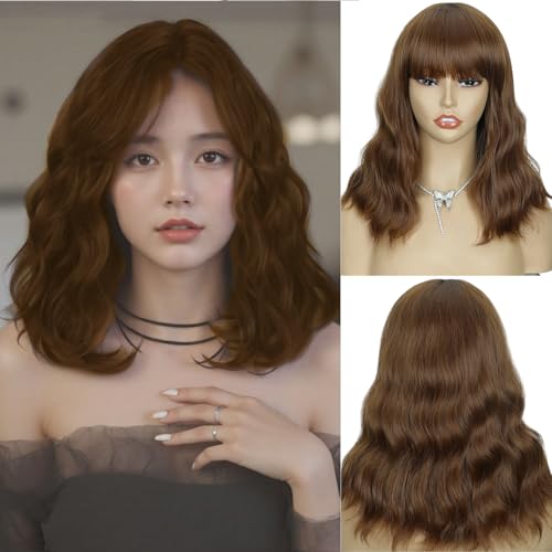 Creamily Short Bob Wavy Hair Wig for Woman Full Head Natural 14 Inches Loose Curly Chestnut Brown Shoulder Length Synthetic Wigs with Bangs - Image 1