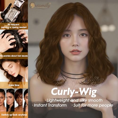 Creamily Short Bob Wavy Hair Wig for Woman Full Head Natural 14 Inches Loose Curly Chestnut Brown Shoulder Length Synthetic Wigs with Bangs - Image 5