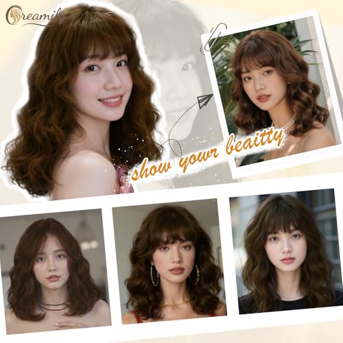 Creamily Short Bob Wavy Hair Wig for Woman Full Head Natural 14 Inches Loose Curly Chestnut Brown Shoulder Length Synthetic Wigs with Bangs - Image 3