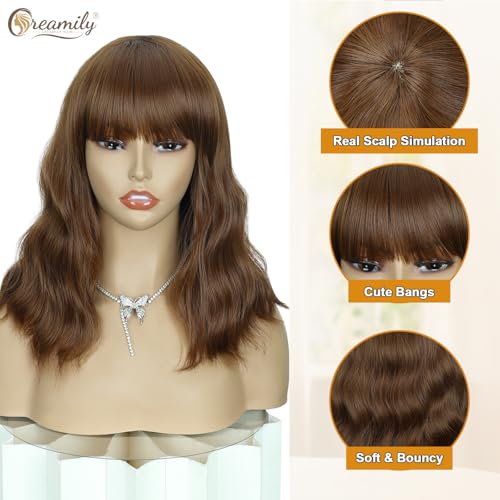 Creamily Short Bob Wavy Hair Wig for Woman Full Head Natural 14 Inches Loose Curly Chestnut Brown Shoulder Length Synthetic Wigs with Bangs - Image 4