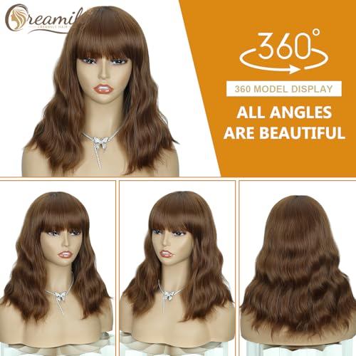 Creamily Short Bob Wavy Hair Wig for Woman Full Head Natural 14 Inches Loose Curly Chestnut Brown Shoulder Length Synthetic Wigs with Bangs - Image 2