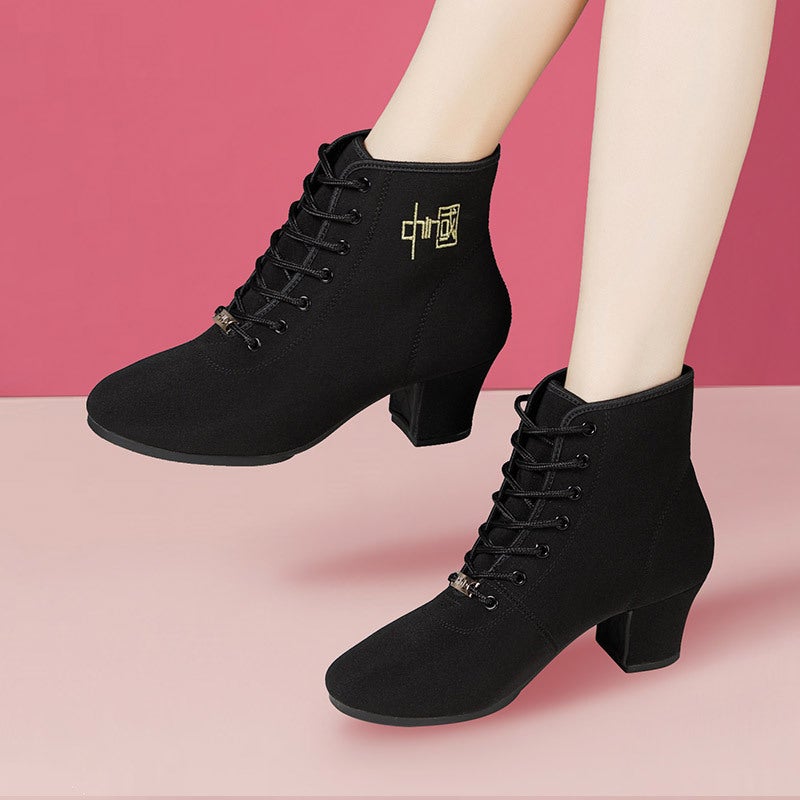 Generic Latin dance shoes adult female mid heel soft bottom teacher body shoes square dance Oxford cloth shoes sailor dance boots autumn and winter Black 5.5cm