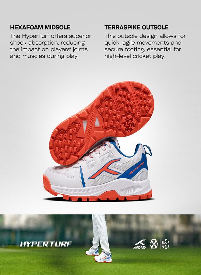 HUNDRED Hyperturf Cricket Shoes | Terraspike Rubber Studs | Embedded Support Plate For Stability | Lightweight & Durable | Ideal For Turf, Ground & Hard Surfaces (White/Blue/Orange ; Uk 3) - Image 5