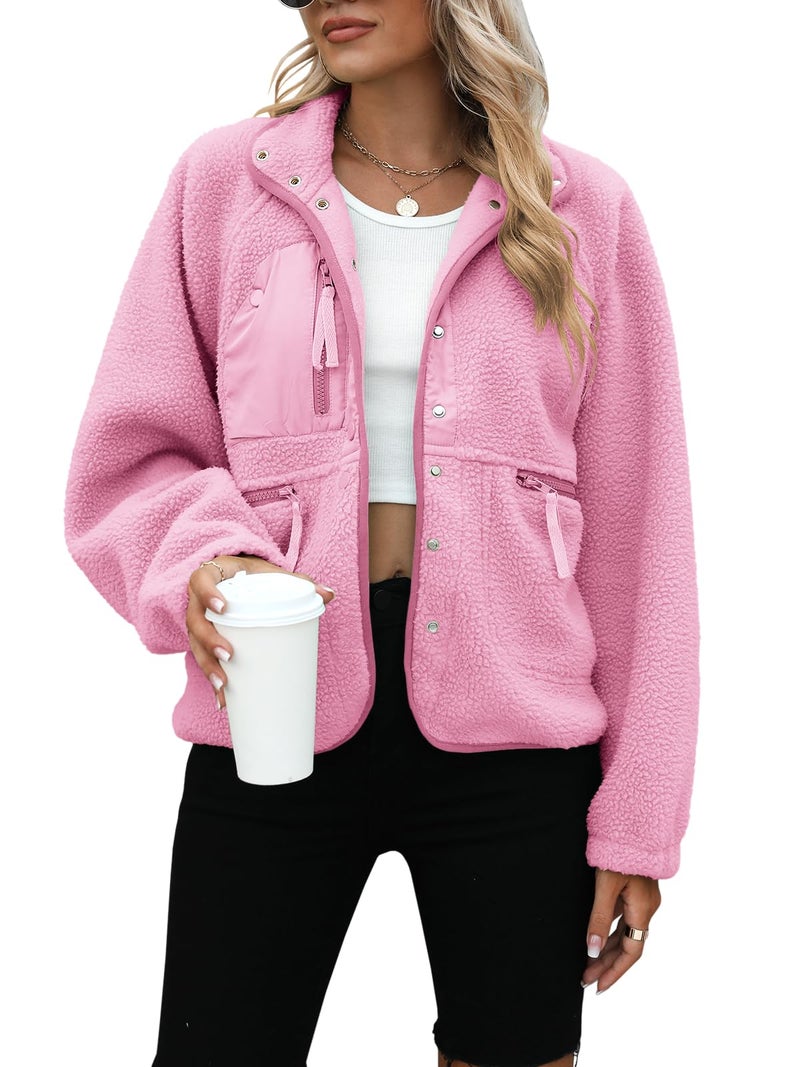 Yanekop Sherpa Jacket Women Fall Winter Faux Fur Coat Fuzzy Fleece Jacket Button Up Cozy Sweaters Warm Winter Clothes(A Light Pink,S) - Image 1