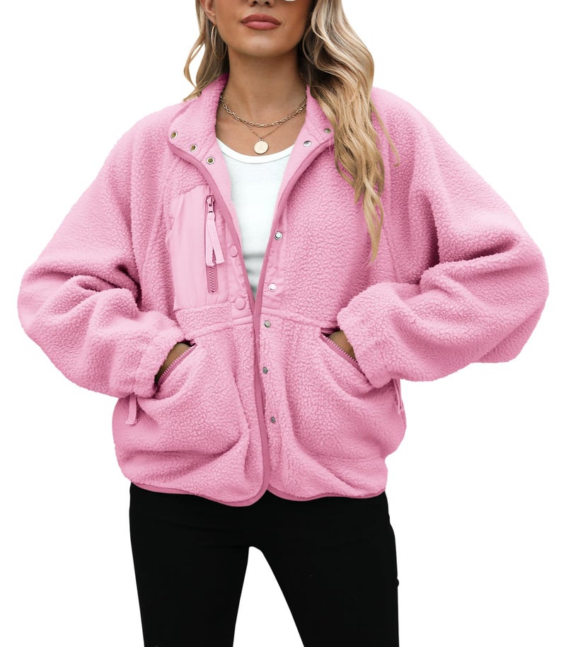Yanekop Sherpa Jacket Women Fall Winter Faux Fur Coat Fuzzy Fleece Jacket Button Up Cozy Sweaters Warm Winter Clothes(A Light Pink,S) - Image 3