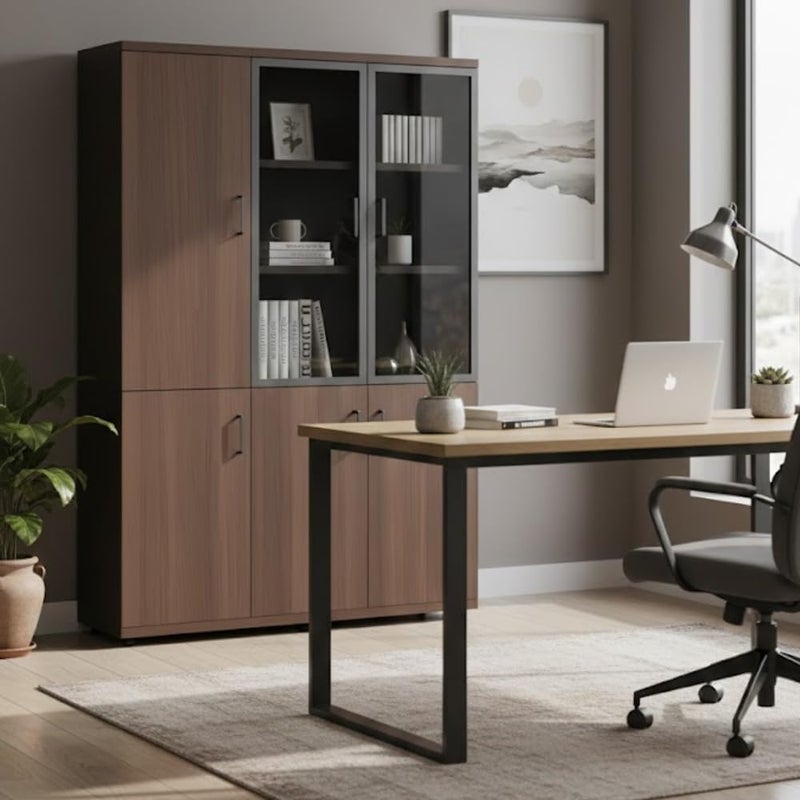 Neo Front DG-W120-LEFT Office Cabinet - High Wooden Storage Cabinet with Glass Door and Lockable A4 File Storage - Image 2
