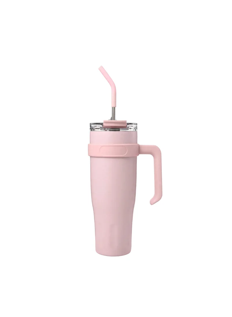 Mobcos 40oz Stainless Steel Tumbler with Handle – Leakproof, Insulated Travel Mug with Lid &amp; Straw – Reusable Double-Wall Vacuum Cup for Hot &amp; Cold Drinks for Girls and Boys for Outdoor (Pink)