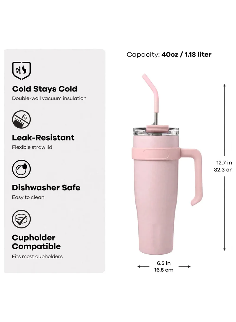 Mobcos 40oz Stainless Steel Tumbler with Handle – Leakproof, Insulated Travel Mug with Lid &amp; Straw – Reusable Double-Wall Vacuum Cup for Hot &amp; Cold Drinks for Girls and Boys for Outdoor (Pink)