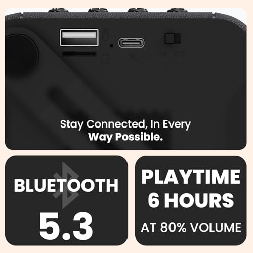 Toreto Jolly+ 10W Portable Bluetooth Speaker with BT v5.3, Up to 6H Playtime, Durable ABS Body, AUX/USB/TF Support, Type-C Charging & Rubber Carry Belt | Multi-Functional Controls (Black) - Image 5