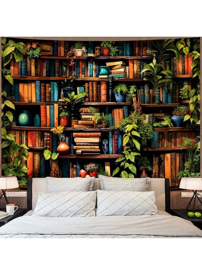 Accnicc Botanical Bookshelf Tapestry Lush Green Plant Book Shelf Tapestries Wall Hanging Vintage Retro Potted Plants Academics Extra Large Library Tapestry for Bedroom Living Room Dorm 90 x 68 inch - Image 3