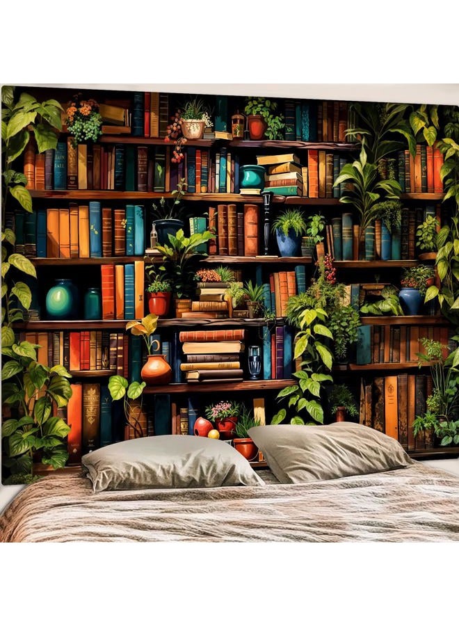 Accnicc Botanical Bookshelf Tapestry Lush Green Plant Book Shelf Tapestries Wall Hanging Vintage Retro Potted Plants Academics Extra Large Library Tapestry for Bedroom Living Room Dorm 90 x 68 inch - Image 1