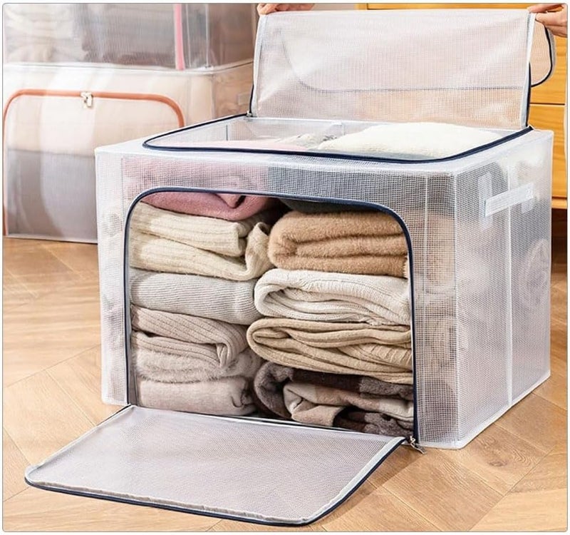 Flipco Foldable Transparent Stackable Storage Boxes Storage Units with Stainless Steel Frame Folding Cabinet Boxes Steel Zipper Large Capacity 66L - Image 3