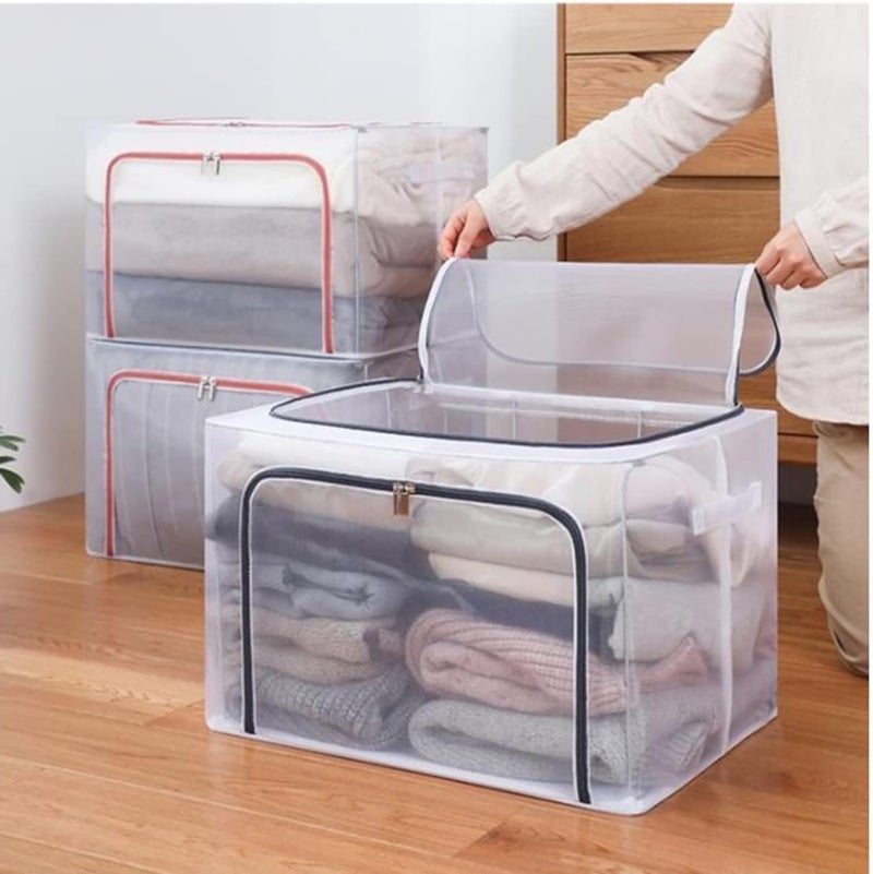 Flipco Foldable Transparent Stackable Storage Boxes Storage Units with Stainless Steel Frame Folding Cabinet Boxes Steel Zipper Large Capacity 66L - Image 4