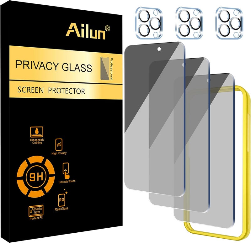 Ailun 3Pack Privacy Screen Protector for iPhone 15 Pro [6.1 inch]+3Pack Camera Lens Protector with Installation Frame,Dynamic Island Compatible,Anti Spy Private Tempered Glass[9H Hardness]-HD - Image 1