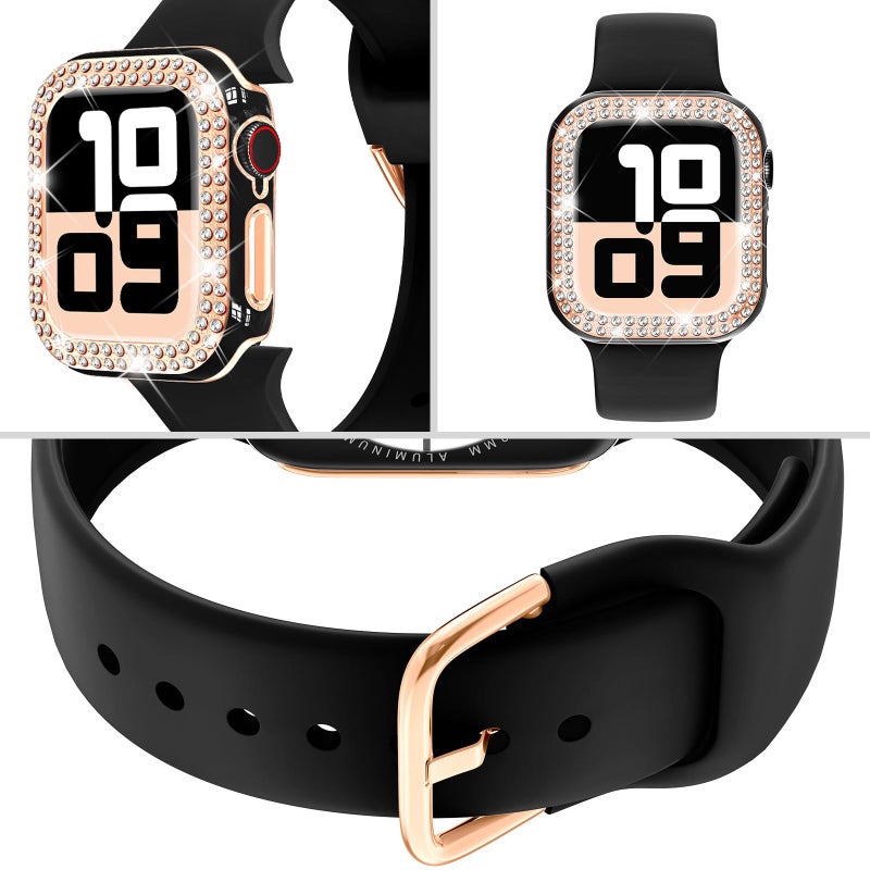 DABAOZA Compatible for Apple Watch Bands 46mm with Bumper, Bling Glitter Women Silicone Soft Comfortable Strap for iWatch SE Ultra 3 2 Series 11 10 9 8 7 6 5 4 3 2 1ï¼ˆBlack Rosegoldï¼Œ46/S11ï¼‰ - Image 3