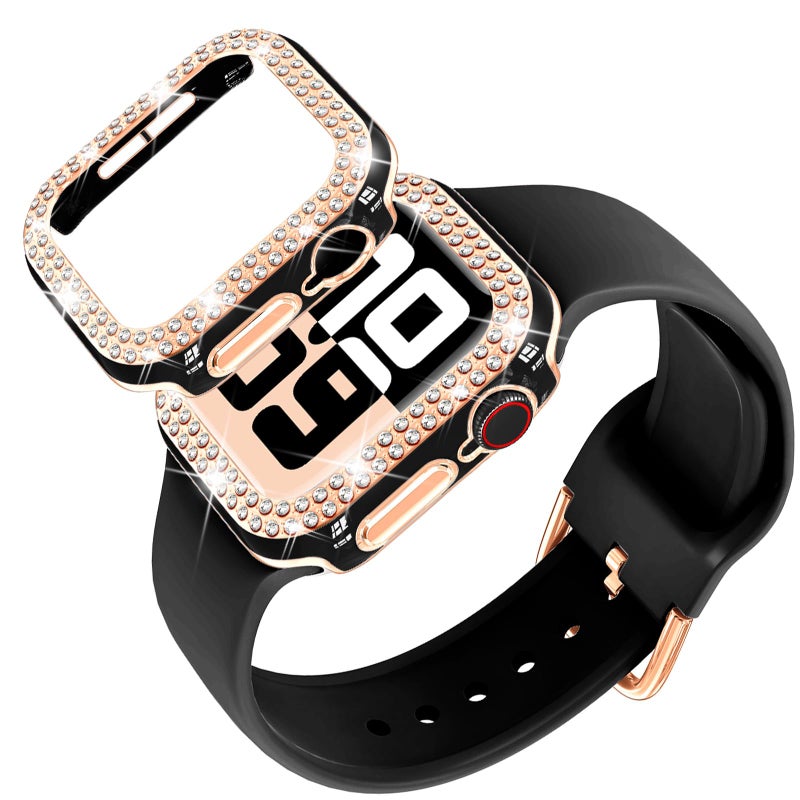 DABAOZA Compatible for Apple Watch Bands 46mm with Bumper, Bling Glitter Women Silicone Soft Comfortable Strap for iWatch SE Ultra 3 2 Series 11 10 9 8 7 6 5 4 3 2 1ï¼ˆBlack Rosegoldï¼Œ46/S11ï¼‰ - Image 1