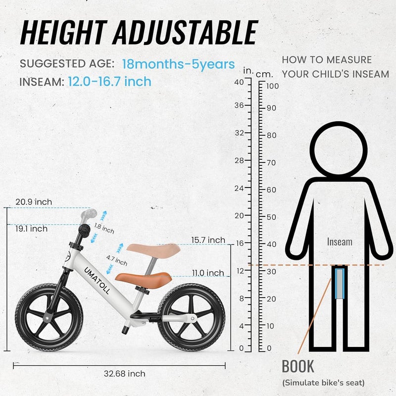 Umatoll Toddler Balance Bike for Ages 2-5, Adjustable Kids Bicycle in White - Image 3